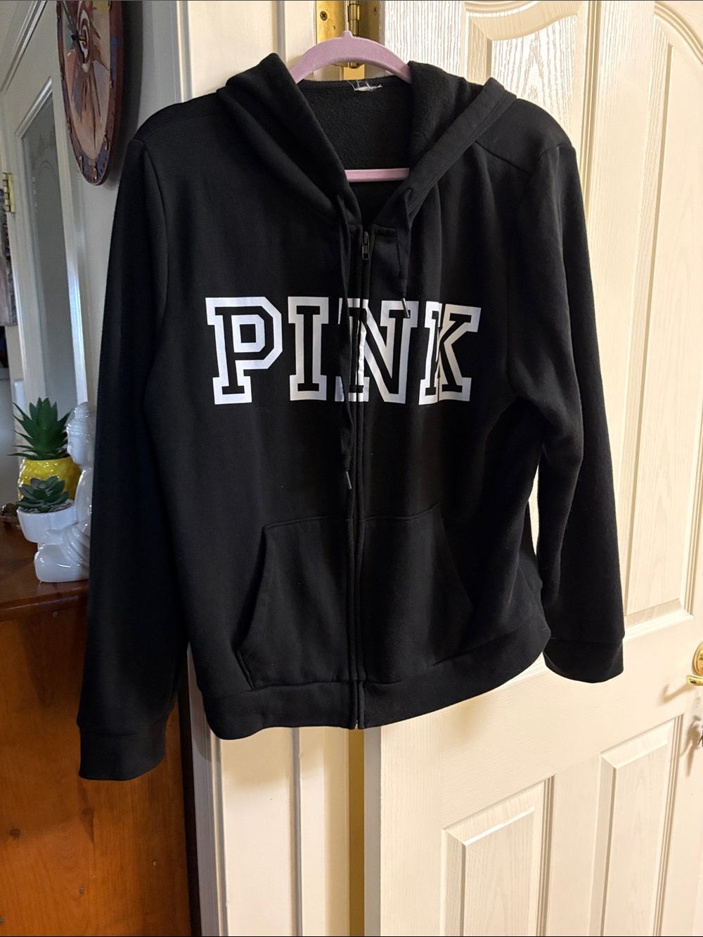PINK Victoria's Secret Black Zip-Up Hoodie with White Logo